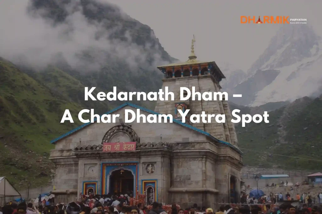 Devotees trekking through snow-covered paths toward Kedarnath Temple, surrounded by majestic Himalayan peaks and spiritual calm.
