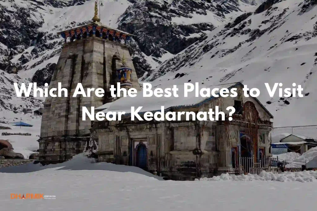 Scenic view of popular tourist spots and natural landscapes near Kedarnath Temple in the Himalayas.