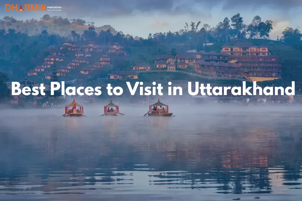 Traditional boats sailing through misty waters with hillside resorts in the background at sunrise in Uttarakhand, India.