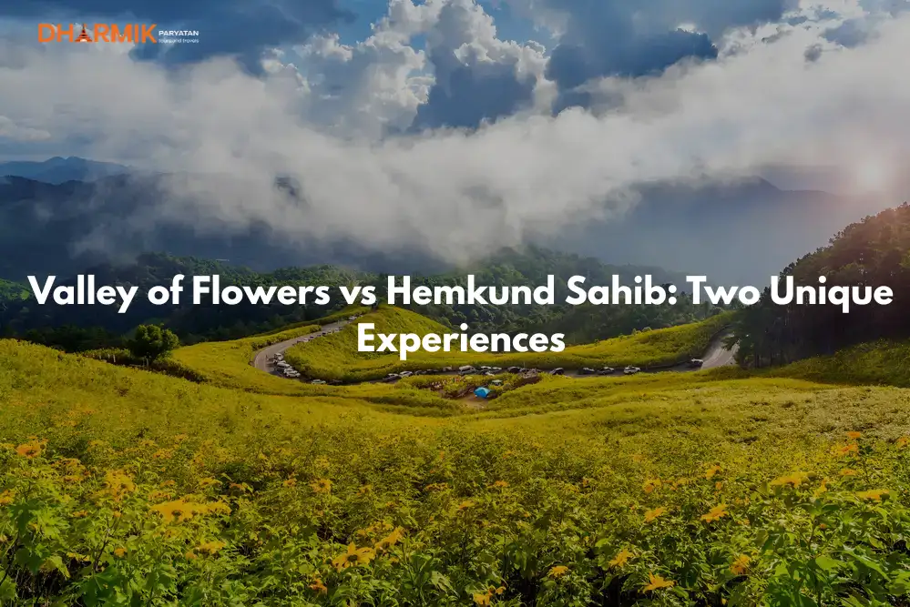 Valley of Flowers covered in vibrant yellow blooms with misty mountains, winding roads, and dramatic skies in the background.