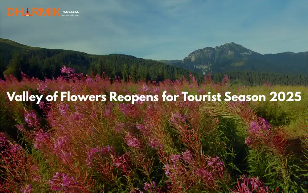 Blooming Valley of Flowers with lush green hills and mountain backdrop in Uttarakhand