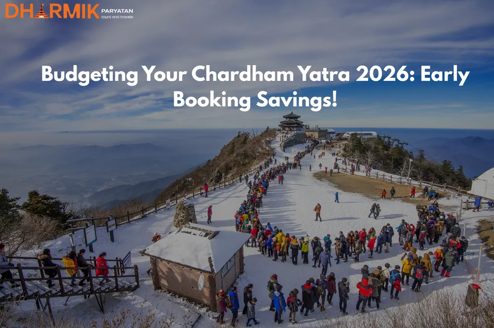Pilgrims at snow covered Chardham route during Chardham Yatra 2026 with Dharmik Paryatan highlighting early booking savings and spiritual journey